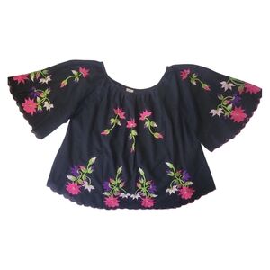 Vintage Embroidered Black Floral Peasant Top with Scalloped Hem - Boho